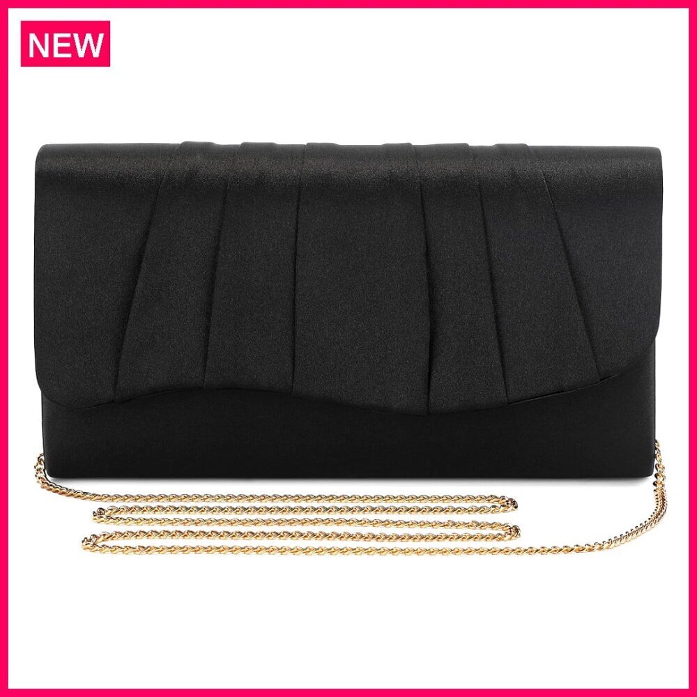 Satin Pleated Evening Clutch with Detachable Chain, Formal Party Bag